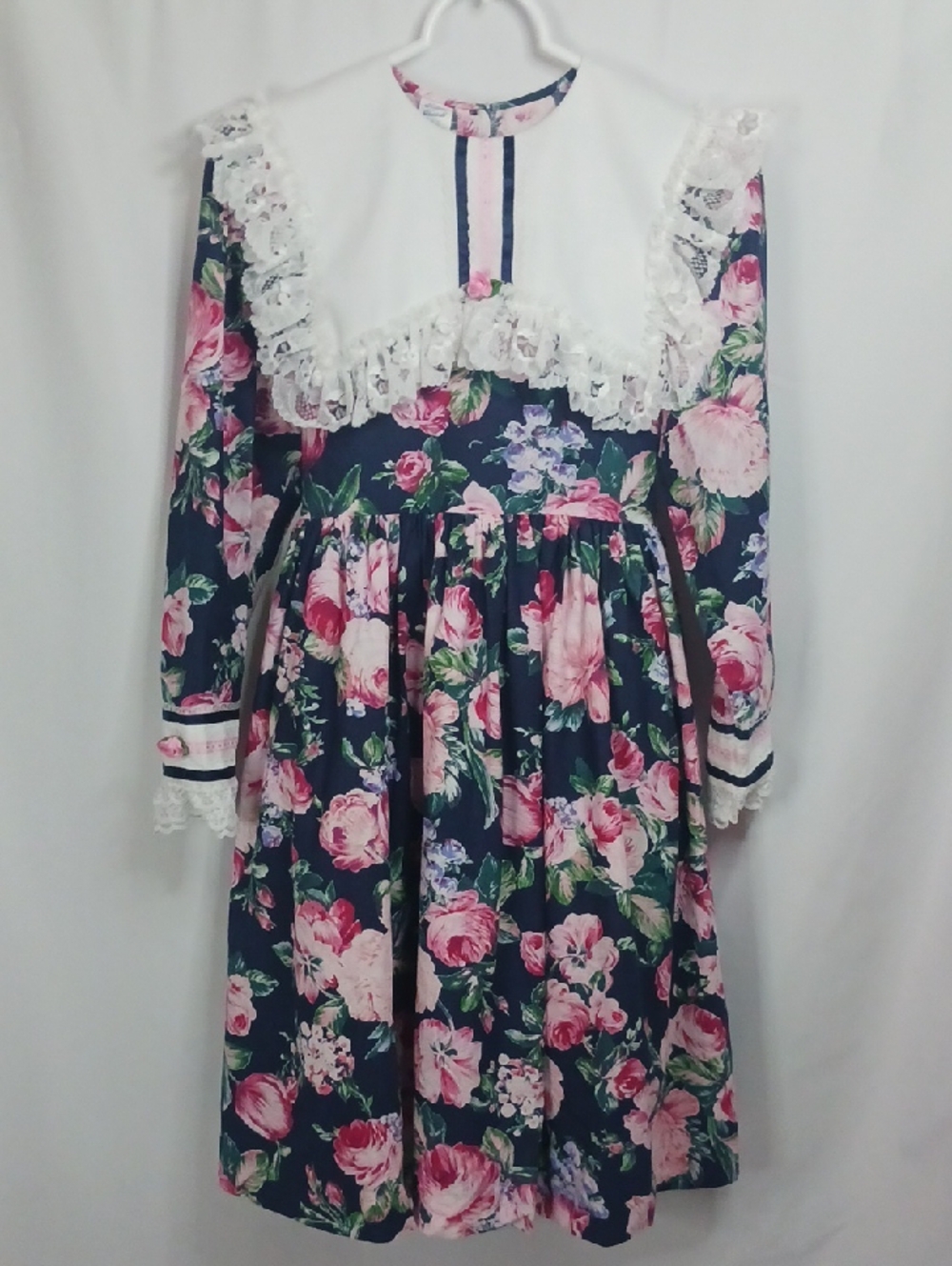 90s Kotton Kandi Pink Rose Floral On Navy Long Sleeve Dress With White Yoke.